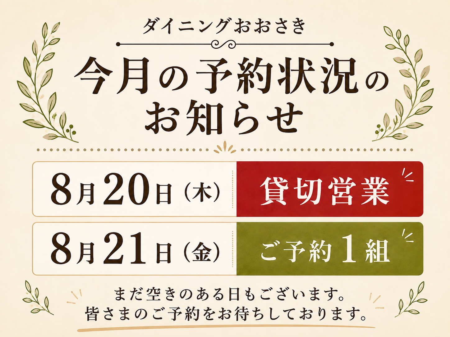 ８月予約状況のお知らせ　ダイニングおおさき
