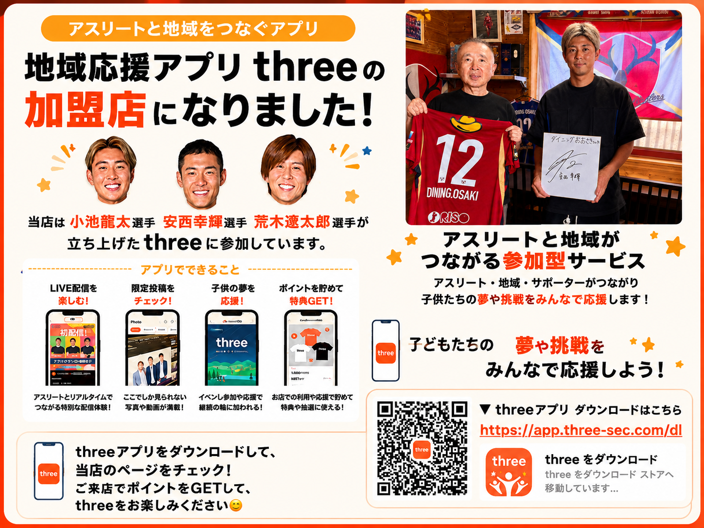 ダイニングおおさきを鹿島アントラーズの安西幸輝選手が訪問してくれました　そしてｔｈｒeeの加盟店となりました