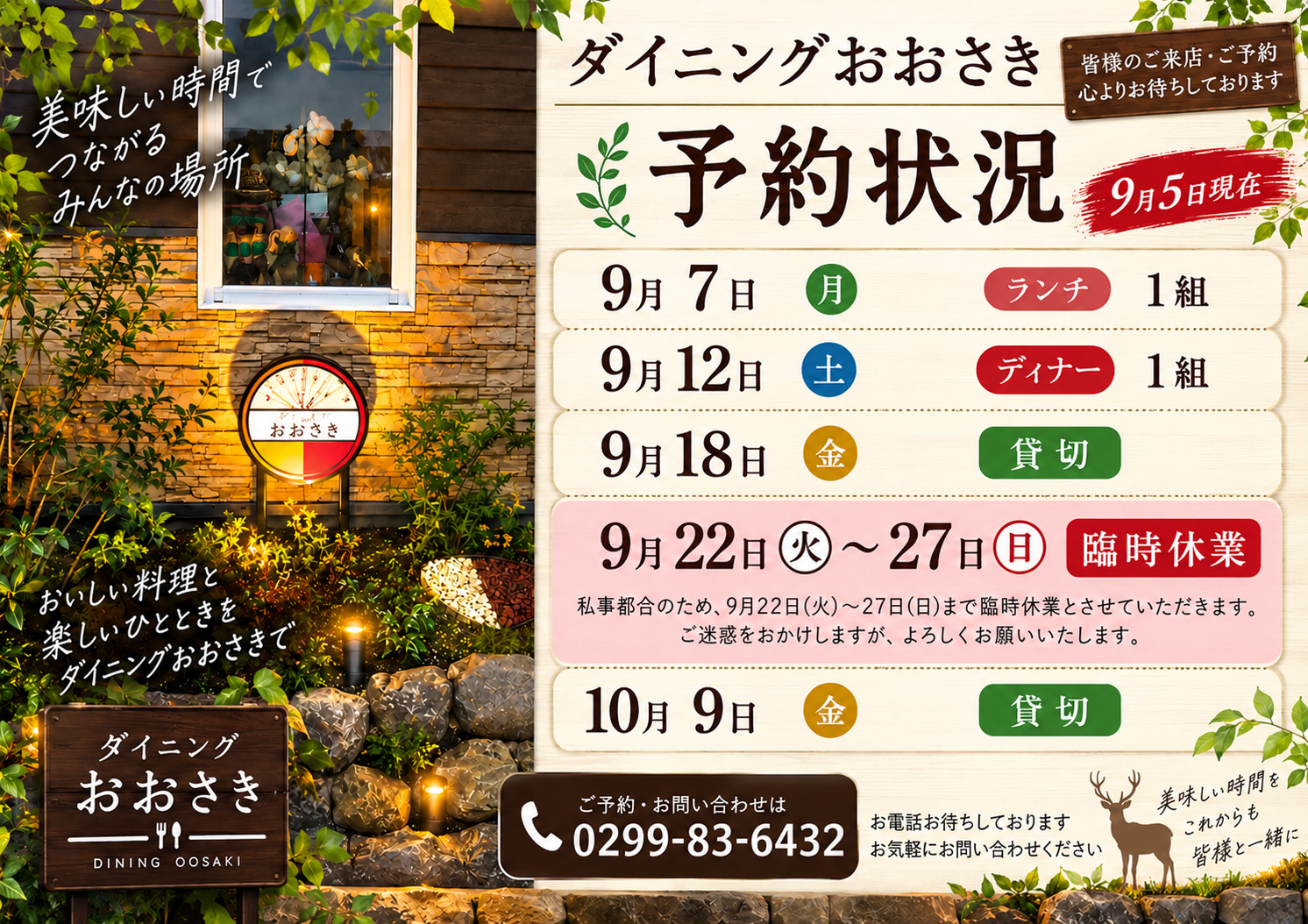 ダイニングおおさきで 9月5日現在の予約状況